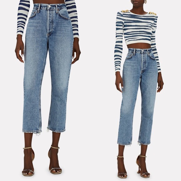 Agolde Riley High Rise Straight Crop in Emulsion 25 High Rise Ankle Chewed Hem - Picture 4 of 17